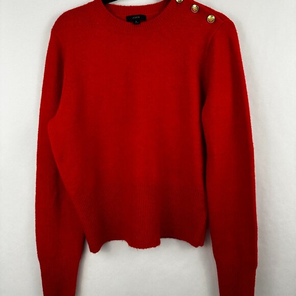 J Crew Crewneck Sweater 3 Gold Shoulder Buttons Bright Red Wool Mix Size  L‎ - Picture 1 of 7